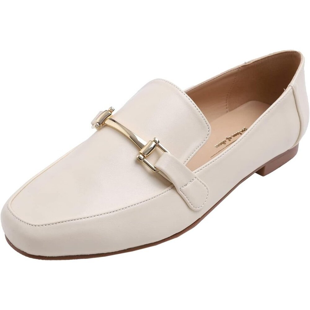 Feversole Women's Bar Trim Beige Plain Pu Round Toe Synthetic Crochet Flats
